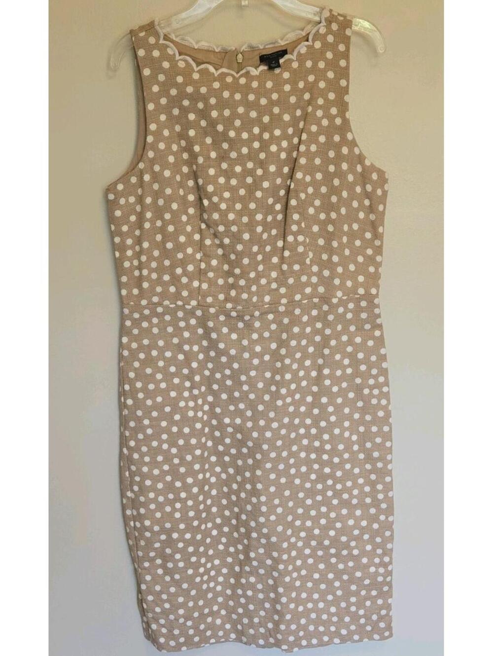 NWOT Ann Taylor Petite 6P Beige White Polka Dot Sheath Dress Scallop Neck Office - Picture 1 of 7